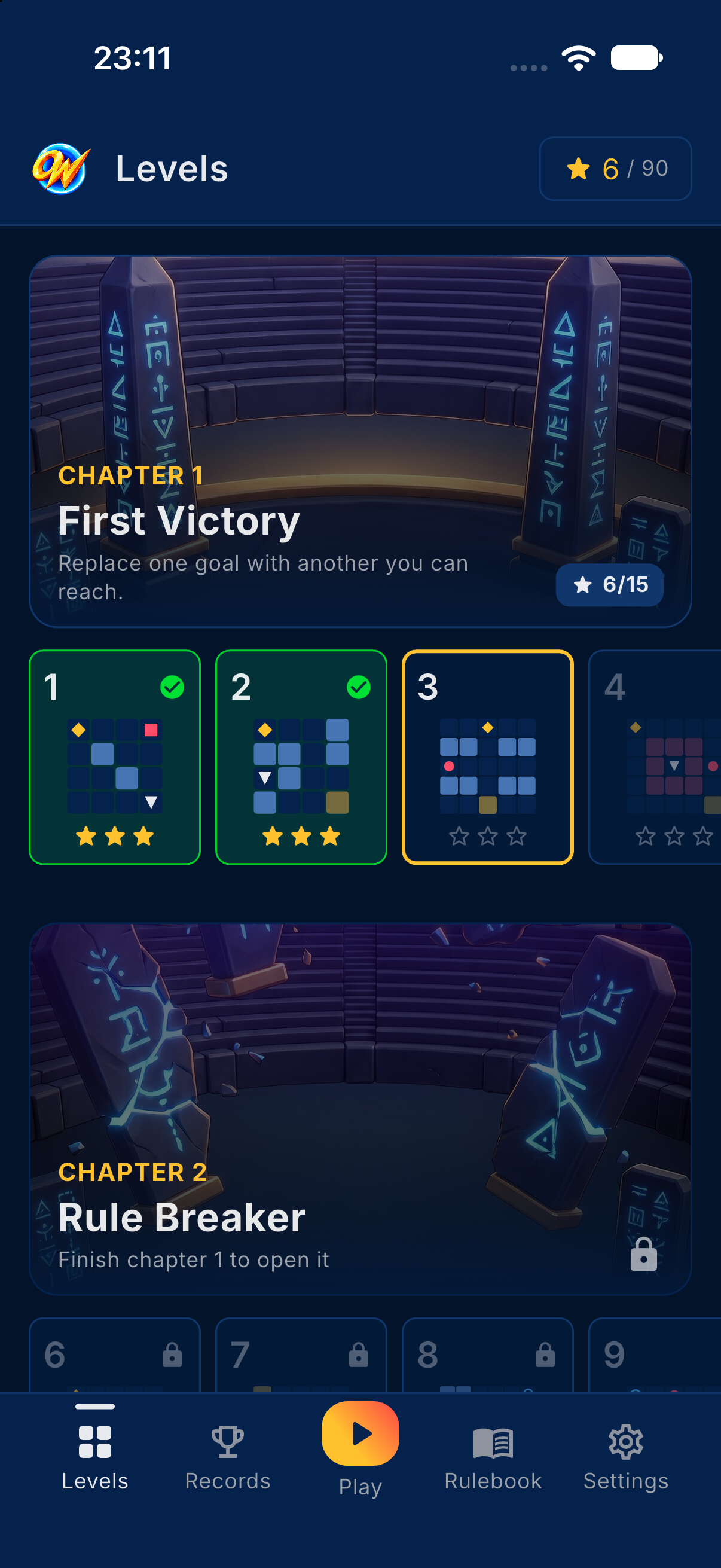 The Levels tab with six chapters and level tiles