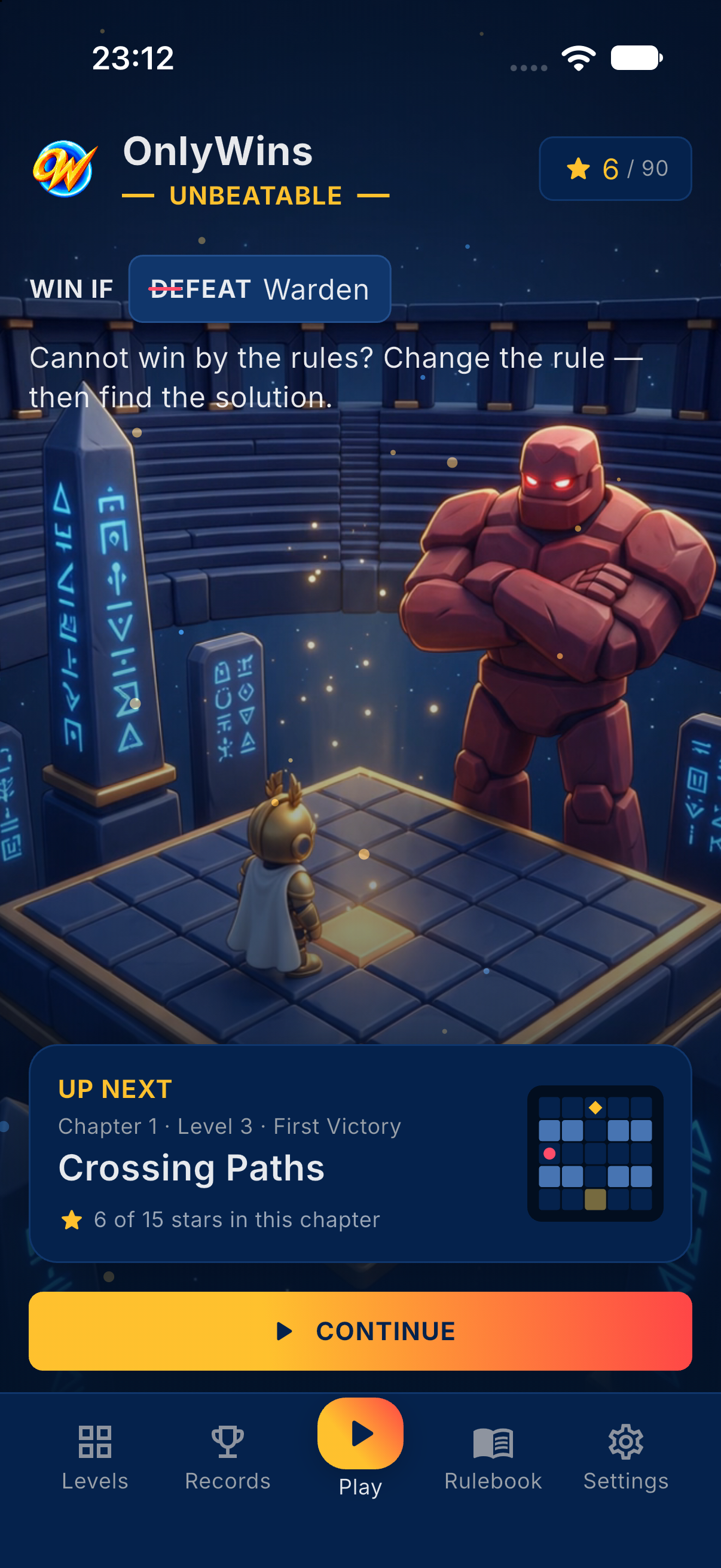 The Play tab with the arena, the active rule and the Continue button