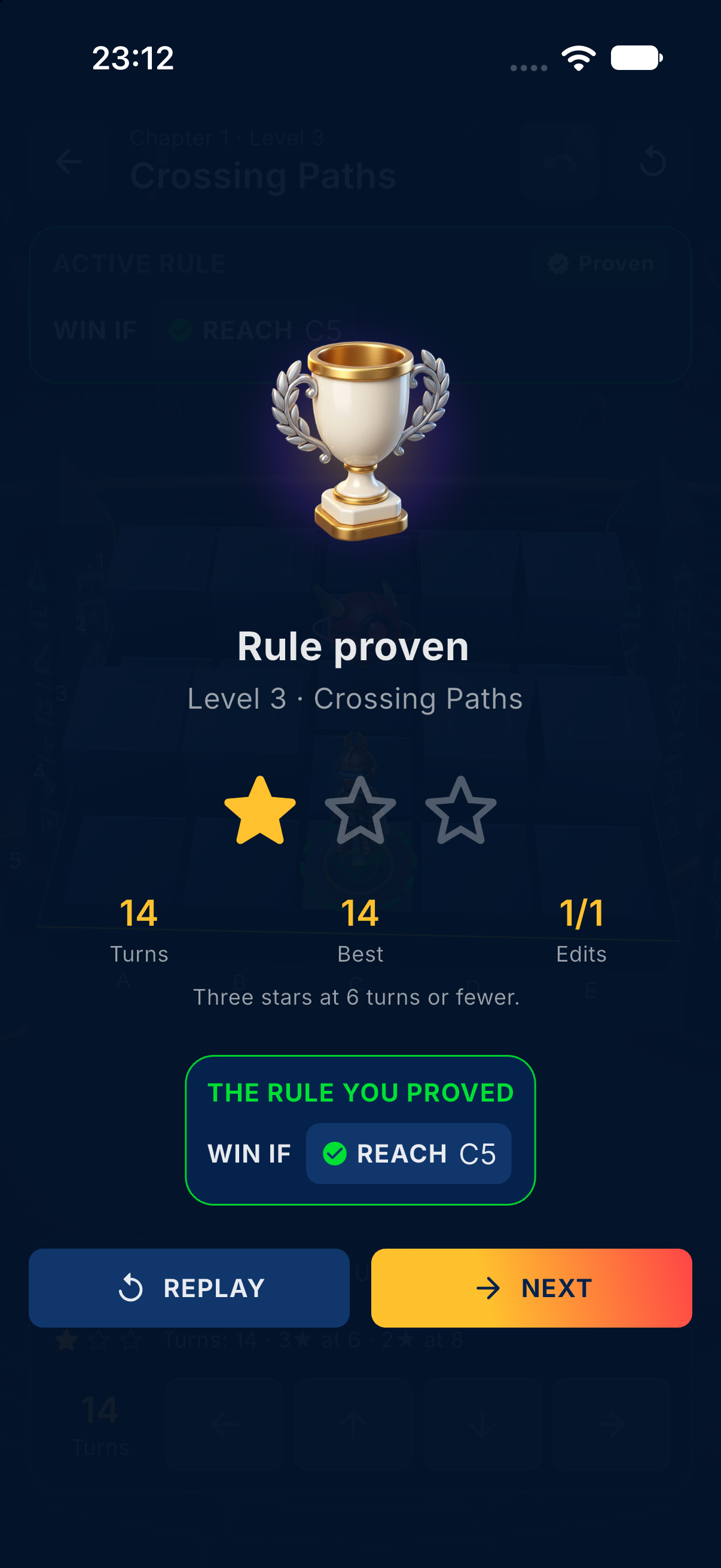 The victory screen with stars, turns and the proven rule